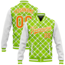 Laden Sie das Bild in den Galerie-Viewer, Custom Neon Green Bay Orange-White Check Board 3D Pattern Design Bomber Full-Snap Varsity Letterman Jacket