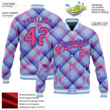 Laden Sie das Bild in den Galerie-Viewer, Custom Light Blue Neon Pink Thunder Blue-Cream Check Board 3D Pattern Design Bomber Full-Snap Varsity Letterman Jacket
