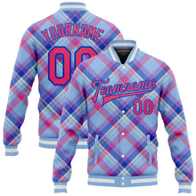 Laden Sie das Bild in den Galerie-Viewer, Custom Light Blue Neon Pink Thunder Blue-Cream Check Board 3D Pattern Design Bomber Full-Snap Varsity Letterman Jacket