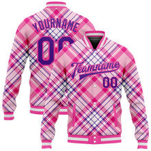 Laden Sie das Bild in den Galerie-Viewer, Custom Light Pink Purple-Pink Check Board 3D Pattern Design Bomber Full-Snap Varsity Letterman Jacket