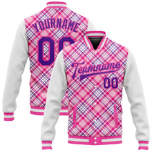 Laden Sie das Bild in den Galerie-Viewer, Custom Light Pink Purple-Pink Check Board 3D Pattern Design Bomber Full-Snap Varsity Letterman Jacket