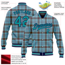 Laden Sie das Bild in den Galerie-Viewer, Custom Shadow Blue Teal Navy-Gray Classic Western Plaid 3D Pattern Design Bomber Full-Snap Varsity Letterman Jacket