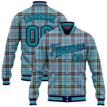 Laden Sie das Bild in den Galerie-Viewer, Custom Shadow Blue Teal Navy-Gray Classic Western Plaid 3D Pattern Design Bomber Full-Snap Varsity Letterman Jacket