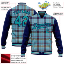 Laden Sie das Bild in den Galerie-Viewer, Custom Shadow Blue Teal Navy-Gray Classic Western Plaid 3D Pattern Design Bomber Full-Snap Varsity Letterman Jacket