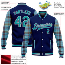 Laden Sie das Bild in den Galerie-Viewer, Custom Navy Teal Gray-Shadow Blue Classic Western Plaid 3D Pattern Design Bomber Full-Snap Varsity Letterman Jacket