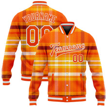 Laden Sie das Bild in den Galerie-Viewer, Custom Orange White Check Board 3D Pattern Design Bomber Full-Snap Varsity Letterman Jacket