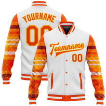 Laden Sie das Bild in den Galerie-Viewer, Custom White Orange-Gold Check Board 3D Pattern Design Bomber Full-Snap Varsity Letterman Jacket