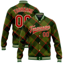 Laden Sie das Bild in den Galerie-Viewer, Custom Green Red-Cream Check Board 3D Pattern Design Bomber Full-Snap Varsity Letterman Jacket
