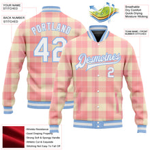 Laden Sie das Bild in den Galerie-Viewer, Custom Medium Pink White-Light Blue Classic Western Plaid 3D Pattern Design Bomber Full-Snap Varsity Letterman Jacket