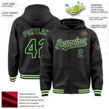Load image into Gallery viewer, Custom Black Green-Cream Bomber Full-Snap Varsity Letterman Hoodie Jacket