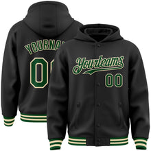Load image into Gallery viewer, Custom Black Green-Cream Bomber Full-Snap Varsity Letterman Hoodie Jacket