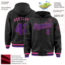 Load image into Gallery viewer, Custom Black Purple-Pink Bomber Full-Snap Varsity Letterman Hoodie Jacket