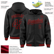 Load image into Gallery viewer, Custom Black Red Bomber Full-Snap Varsity Letterman Hoodie Jacket