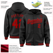 Load image into Gallery viewer, Custom Black Red Bomber Full-Snap Varsity Letterman Hoodie Jacket