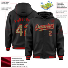 Load image into Gallery viewer, Custom Black Camo-Red Bomber Full-Snap Varsity Letterman Hoodie Jacket