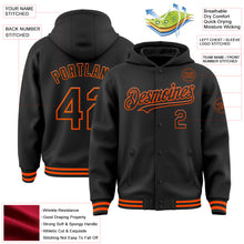 Load image into Gallery viewer, Custom Black Orange Bomber Full-Snap Varsity Letterman Hoodie Jacket