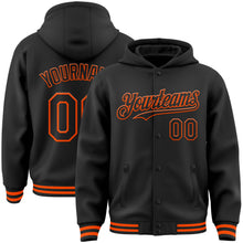 Load image into Gallery viewer, Custom Black Orange Bomber Full-Snap Varsity Letterman Hoodie Jacket