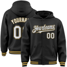 Загрузить изображение в средство просмотра галереи, Custom Black White-Old Gold Bomber Full-Snap Varsity Letterman Hoodie Jacket