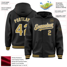 Загрузить изображение в средство просмотра галереи, Custom Black Old Gold-White Bomber Full-Snap Varsity Letterman Hoodie Jacket