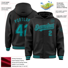 Load image into Gallery viewer, Custom Black Teal Bomber Full-Snap Varsity Letterman Hoodie Jacket