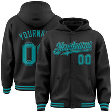 Load image into Gallery viewer, Custom Black Teal Bomber Full-Snap Varsity Letterman Hoodie Jacket