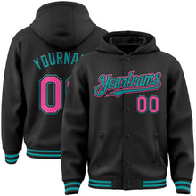 Laden Sie das Bild in den Galerie-Viewer, Custom Black Pink-Teal Bomber Full-Snap Varsity Letterman Hoodie Jacket