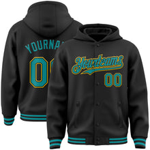 Load image into Gallery viewer, Custom Black Teal-Yellow Bomber Full-Snap Varsity Letterman Hoodie Jacket