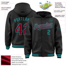 Load image into Gallery viewer, Custom Black Crimson-Teal Bomber Full-Snap Varsity Letterman Hoodie Jacket