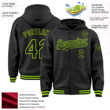 Load image into Gallery viewer, Custom Black Neon Green Bomber Full-Snap Varsity Letterman Hoodie Jacket