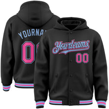 Laden Sie das Bild in den Galerie-Viewer, Custom Black Pink-Light Blue Bomber Full-Snap Varsity Letterman Hoodie Jacket