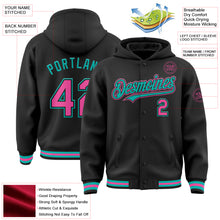 Laden Sie das Bild in den Galerie-Viewer, Custom Black Pink-Aqua Bomber Full-Snap Varsity Letterman Hoodie Jacket