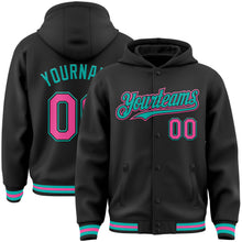 Laden Sie das Bild in den Galerie-Viewer, Custom Black Pink-Aqua Bomber Full-Snap Varsity Letterman Hoodie Jacket