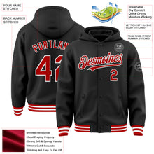 Load image into Gallery viewer, Custom Black Red-White Bomber Full-Snap Varsity Letterman Hoodie Jacket