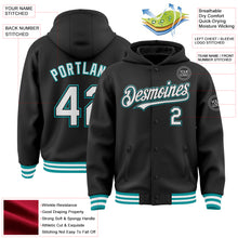 Charger l'image dans la galerie, Custom Black White-Teal Bomber Full-Snap Varsity Letterman Hoodie Jacket