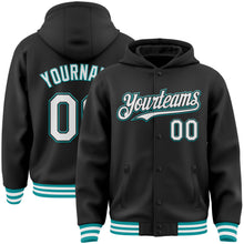 Charger l'image dans la galerie, Custom Black White-Teal Bomber Full-Snap Varsity Letterman Hoodie Jacket