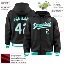 Загрузить изображение в средство просмотра галереи, Custom Black White-Aqua Bomber Full-Snap Varsity Letterman Hoodie Jacket