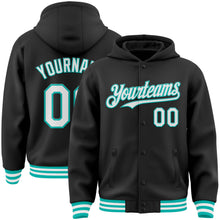 Загрузить изображение в средство просмотра галереи, Custom Black White-Aqua Bomber Full-Snap Varsity Letterman Hoodie Jacket