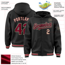 Load image into Gallery viewer, Custom Black Crimson-City Cream Bomber Full-Snap Varsity Letterman Hoodie Jacket