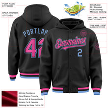 Laden Sie das Bild in den Galerie-Viewer, Custom Black Pink-Light Blue Bomber Full-Snap Varsity Letterman Hoodie Jacket