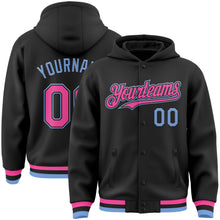 Laden Sie das Bild in den Galerie-Viewer, Custom Black Pink-Light Blue Bomber Full-Snap Varsity Letterman Hoodie Jacket