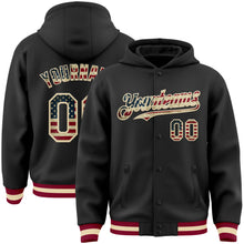 Load image into Gallery viewer, Custom Black Vintage USA Flag Cream-Maroon Bomber Full-Snap Varsity Letterman Hoodie Jacket