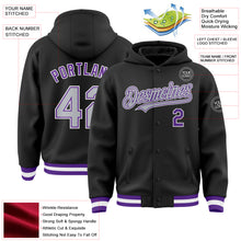 Laden Sie das Bild in den Galerie-Viewer, Custom Black Gray-Purple Bomber Full-Snap Varsity Letterman Hoodie Jacket