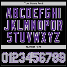 Laden Sie das Bild in den Galerie-Viewer, Custom Black Gray-Purple Bomber Full-Snap Varsity Letterman Hoodie Jacket