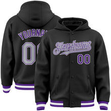 Laden Sie das Bild in den Galerie-Viewer, Custom Black Gray-Purple Bomber Full-Snap Varsity Letterman Hoodie Jacket
