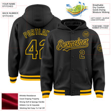 Load image into Gallery viewer, Custom Black Gold Bomber Full-Snap Varsity Letterman Hoodie Jacket