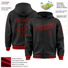 Load image into Gallery viewer, Custom Black Red Bomber Full-Snap Varsity Letterman Hoodie Jacket
