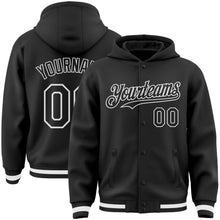 Laden Sie das Bild in den Galerie-Viewer, Custom Black White Bomber Full-Snap Varsity Letterman Hoodie Jacket
