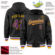 Laden Sie das Bild in den Galerie-Viewer, Custom Black Purple-Gold Bomber Full-Snap Varsity Letterman Hoodie Jacket