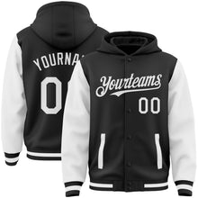 Charger l'image dans la galerie, Custom Black White Bomber Full-Snap Varsity Letterman Two Tone Hoodie Jacket
