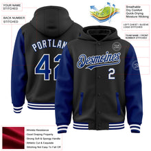 Load image into Gallery viewer, Custom Black Royal-White Bomber Full-Snap Varsity Letterman Two Tone Hoodie Jacket